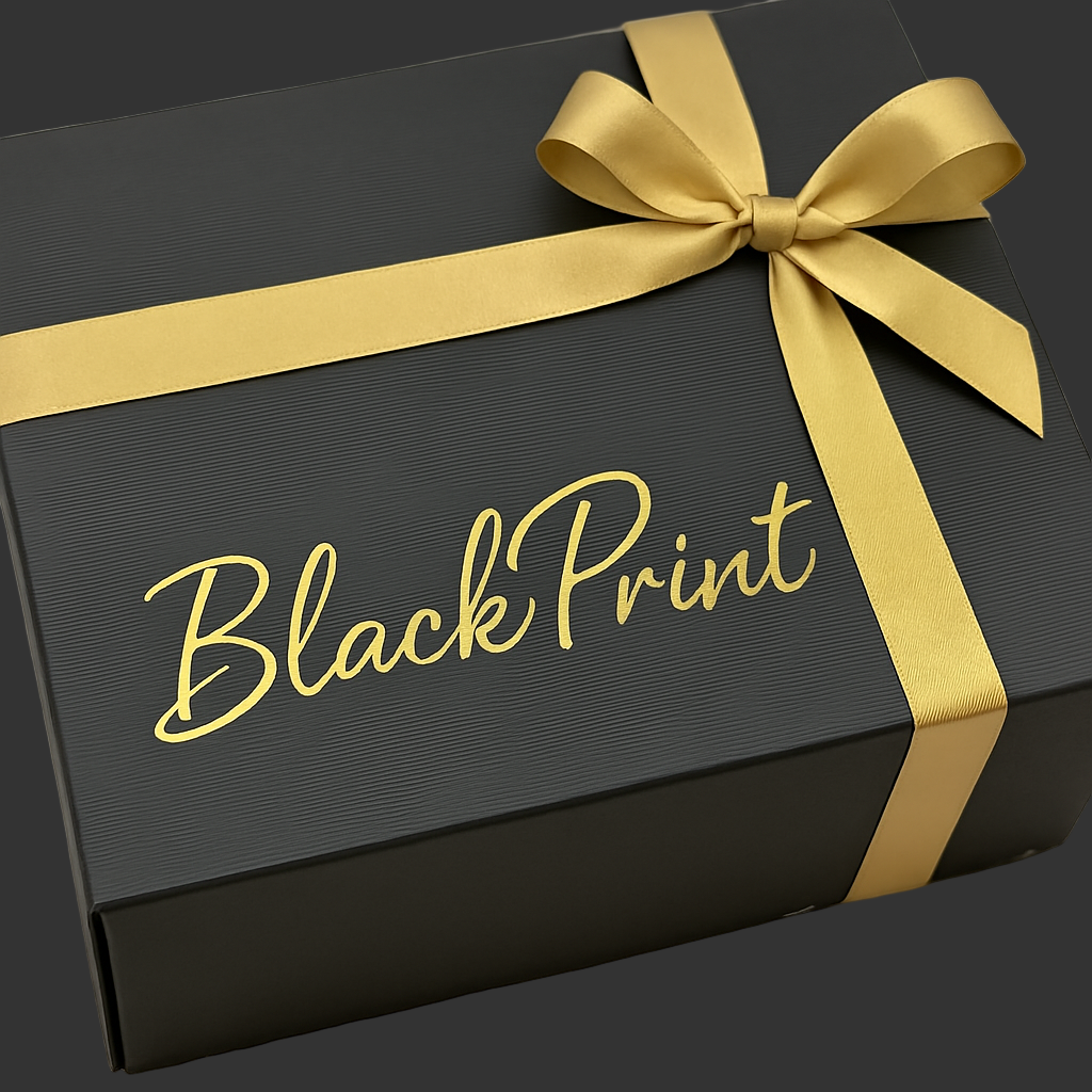 A black gift box with 'BlackPrint' written in gold, tied with a gold ribbon.