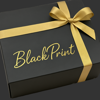 A black gift box with 'BlackPrint' written in gold, tied with a gold ribbon.